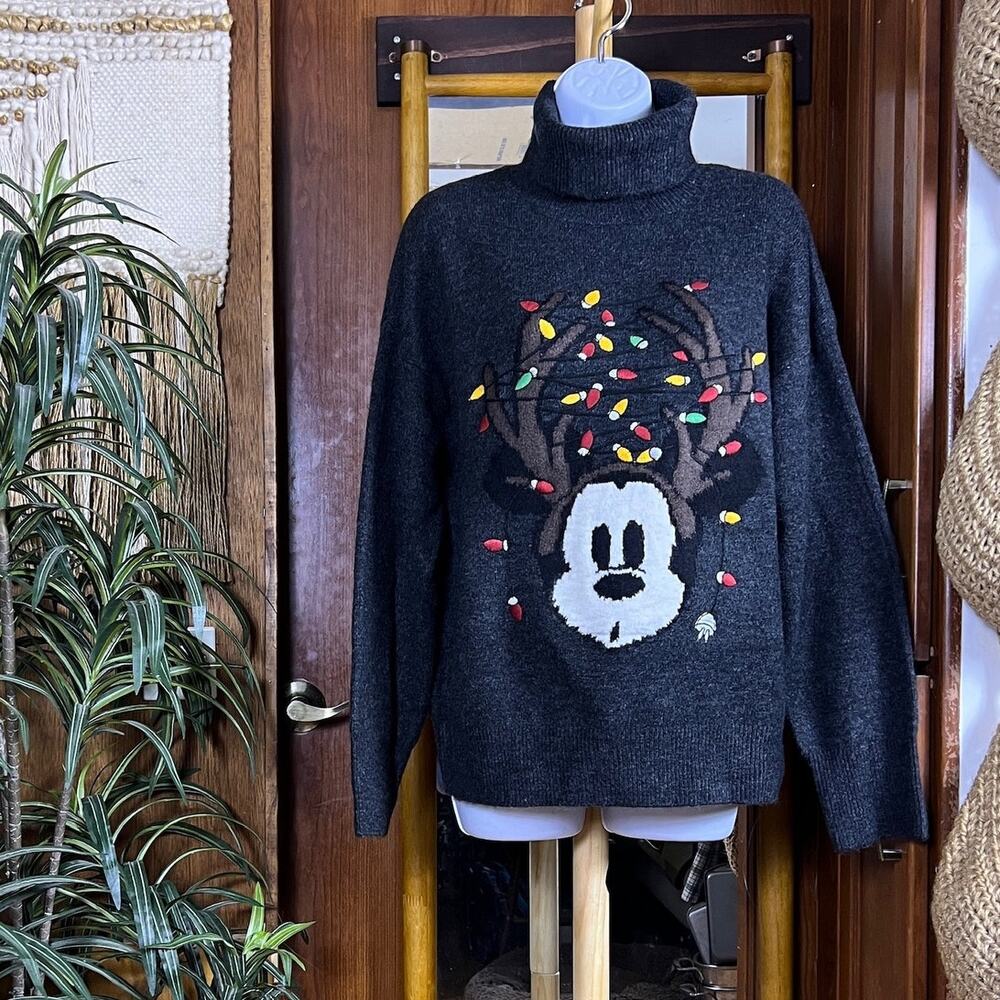 Zara Disney Mickey Mouse Reindeer Sweater Women L Gray Christmas Turtleneck Knit